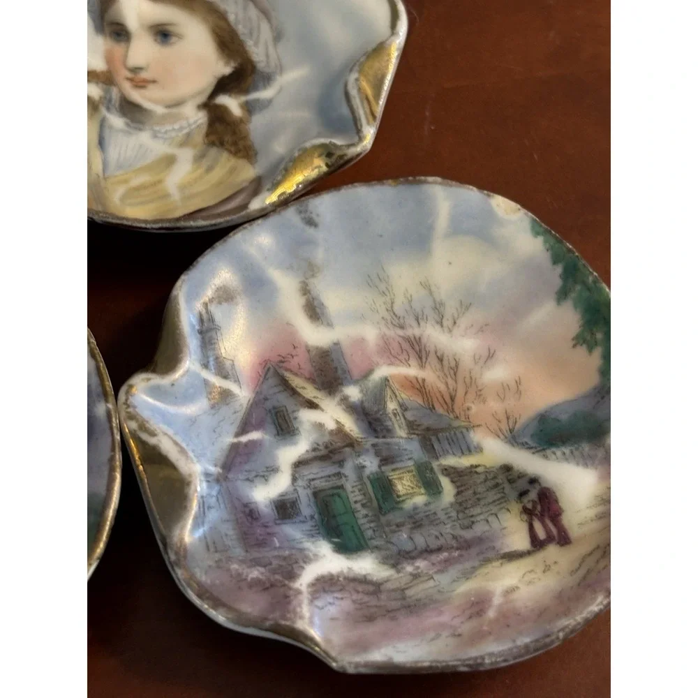 Heubach Germany 1890s Pin Vanity Dishes Portrait Ladies And Landscapes Set Of 5‎